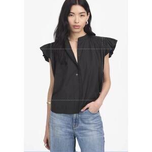 Madewell Poplin Shirred Button-Up Shirt Womens XL Black Ruffle Cap Sleeve NU451